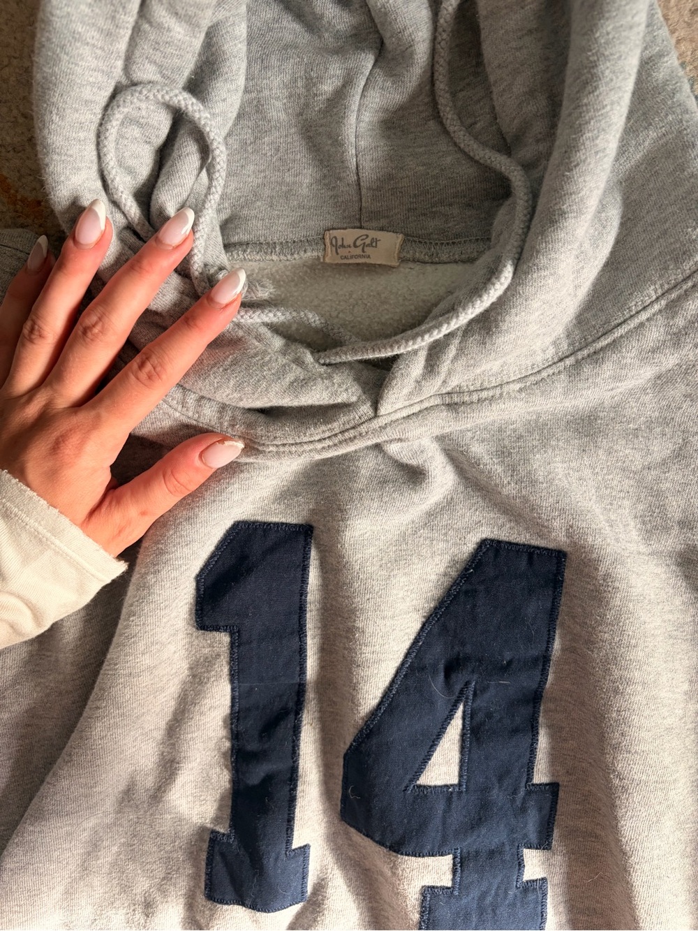 Brandy Melville Gray Hoodie with Navy 14 Appliqué